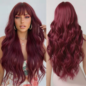 99j wine red long loose big wave hair with bangs 100% human hair 99j wine red long loose big wave hair with bangs 100% human hair